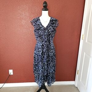 Ralph Lauren Navy and White Leaf Print Midi Dress
